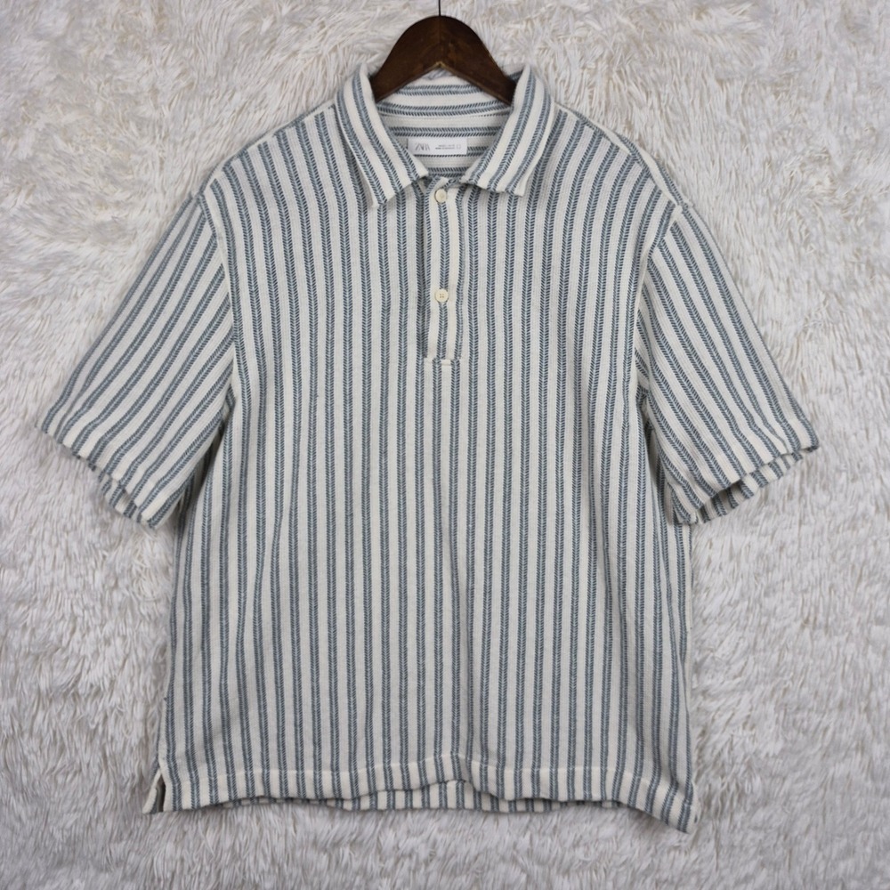 Zara Mens Green White Textured Stripe Short Sleeve Polo Shirt Large Resort